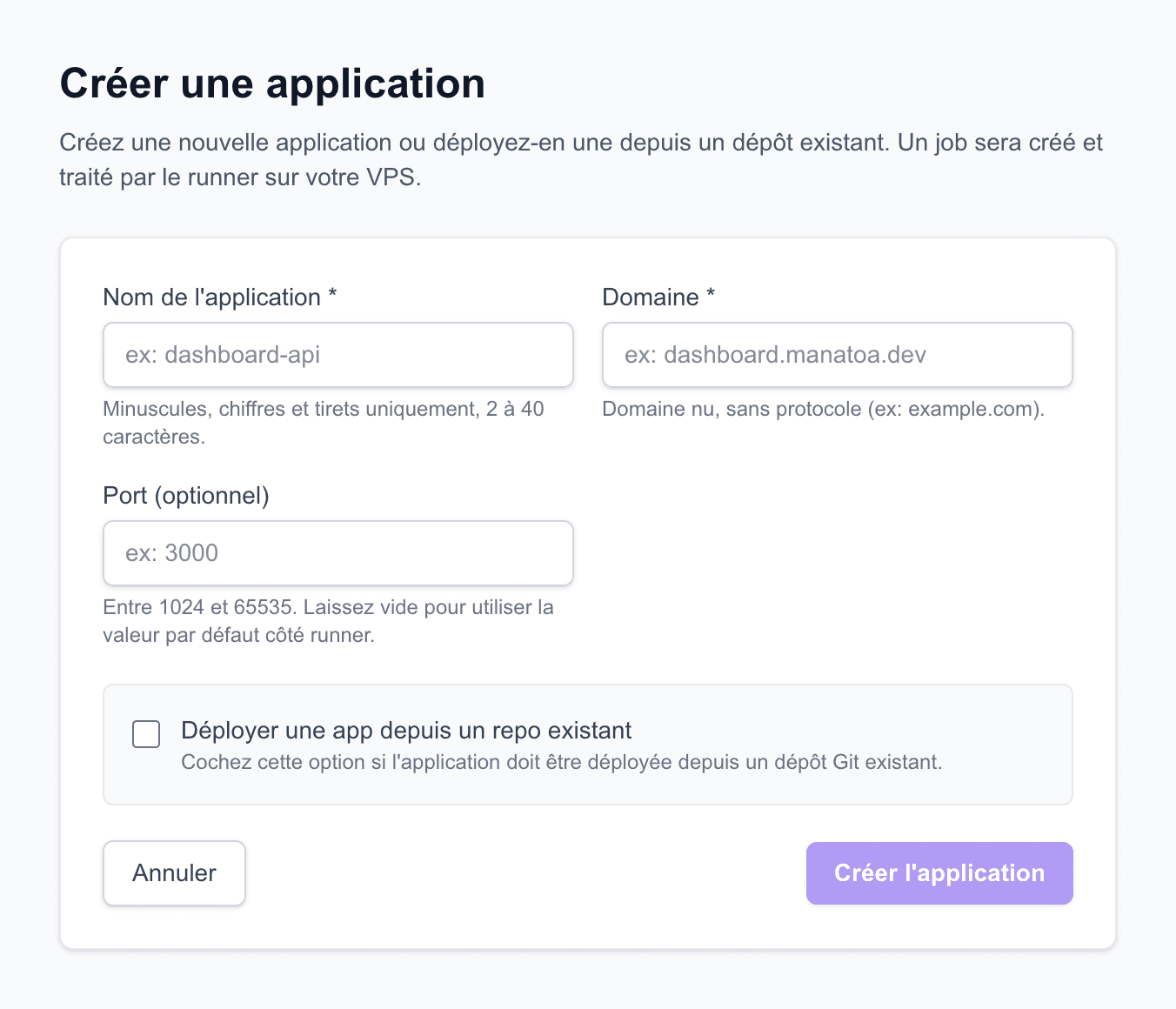 Formulaire de création d'une nouvelle application Next.js depuis le dashboard