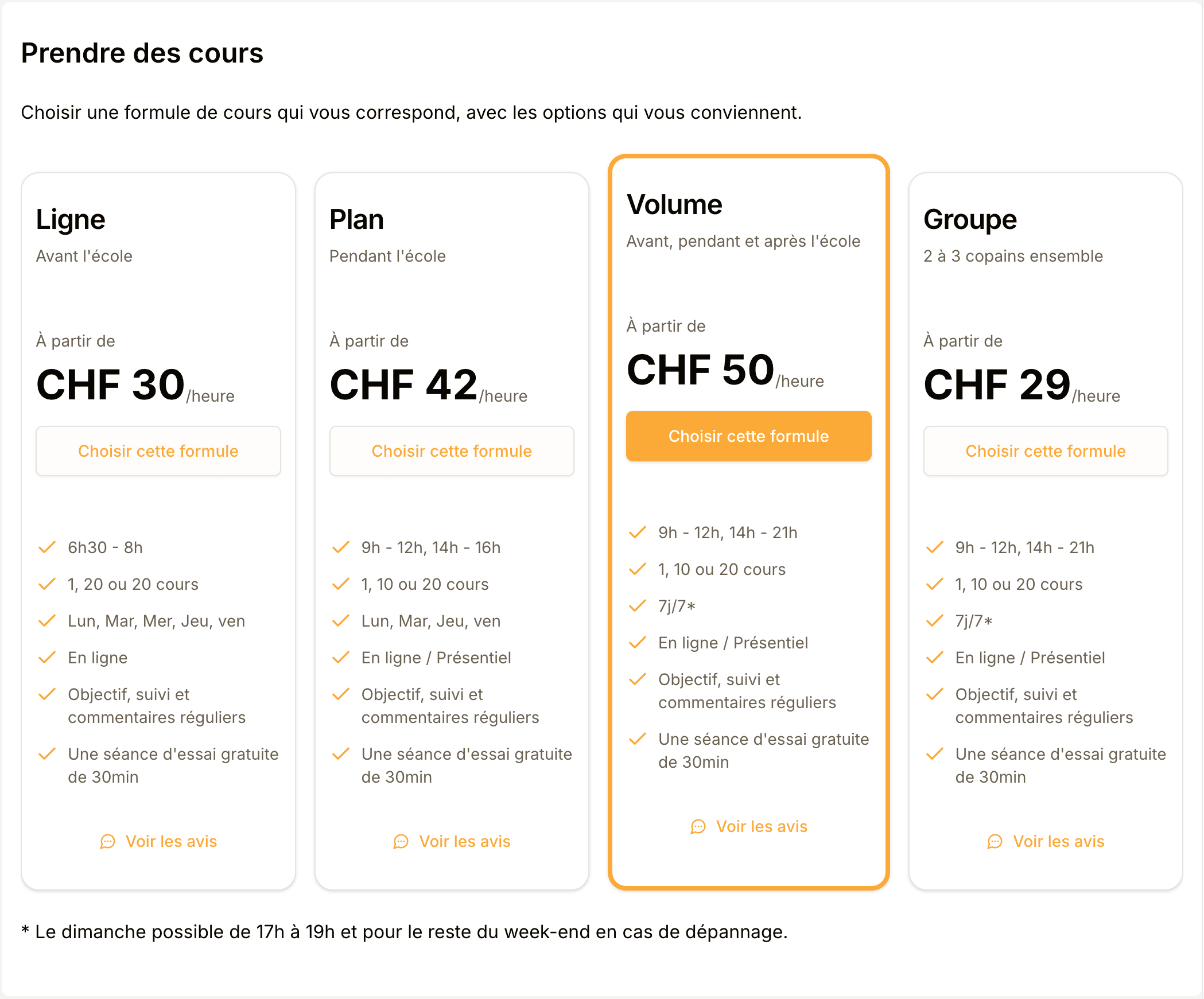 Page des formules de cours avec cartes tarifaires détaillées