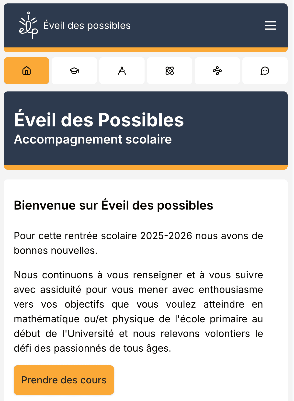 Vue mobile du site Éveil des Possibles avec navigation et section de bienvenue
