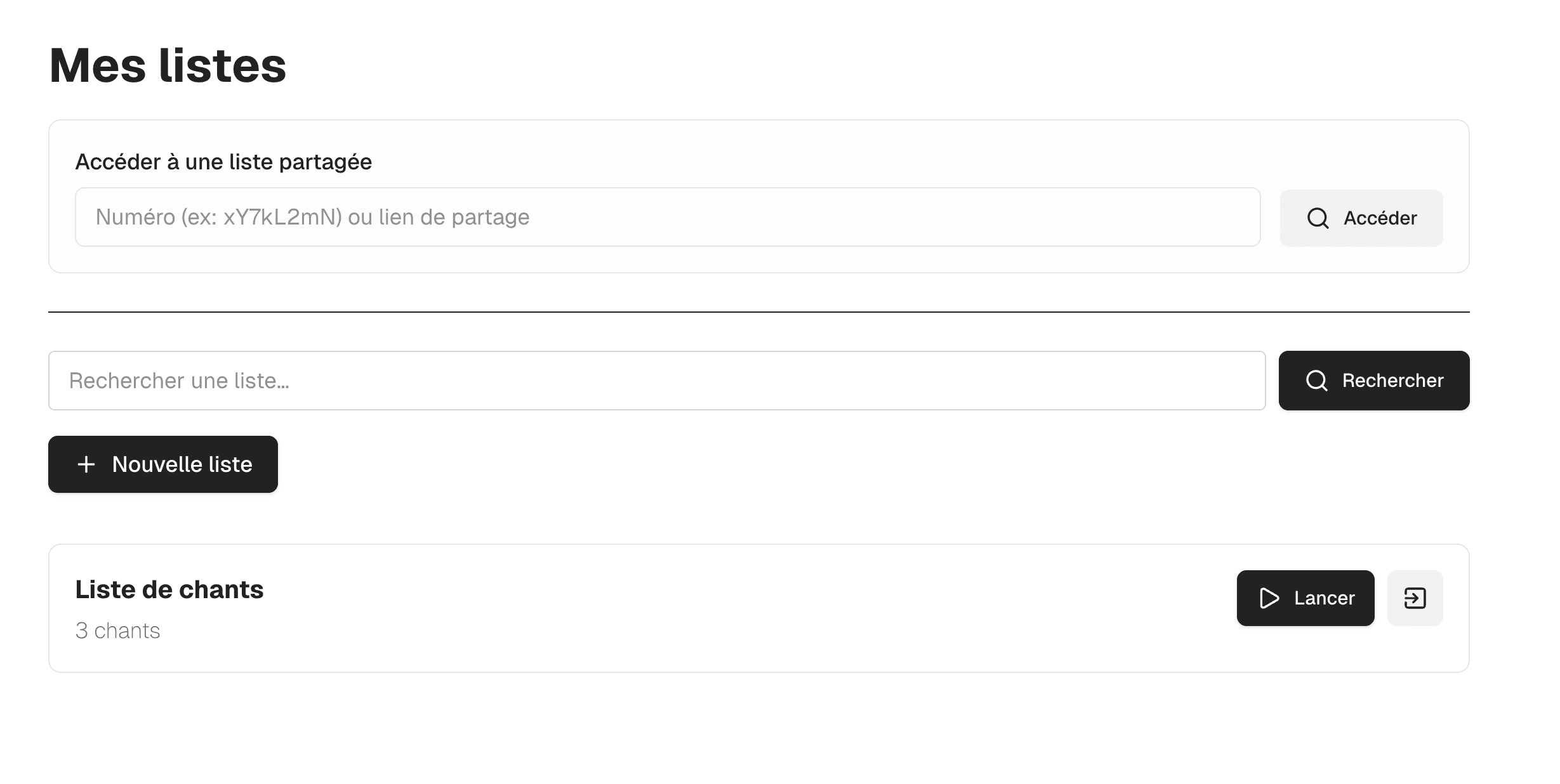 Barre de recherche pour accéder à des listes partagées existantes et aperçu des listes locales prêtes à être lancées