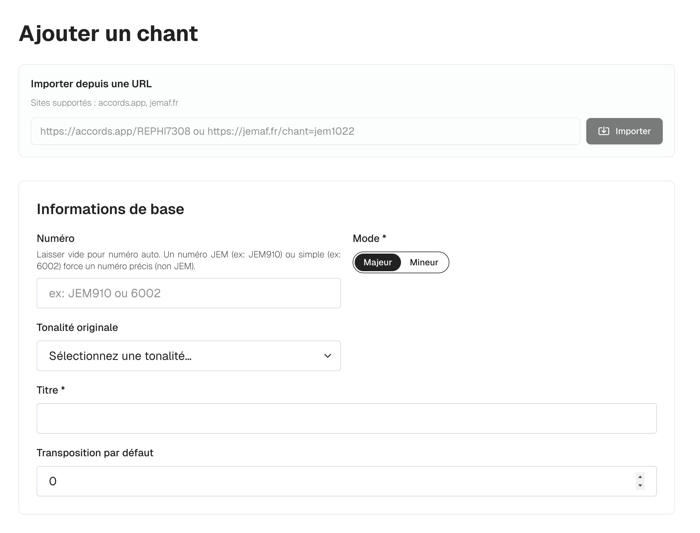 Création d'un chant dans Partoches avec formulaire structuré