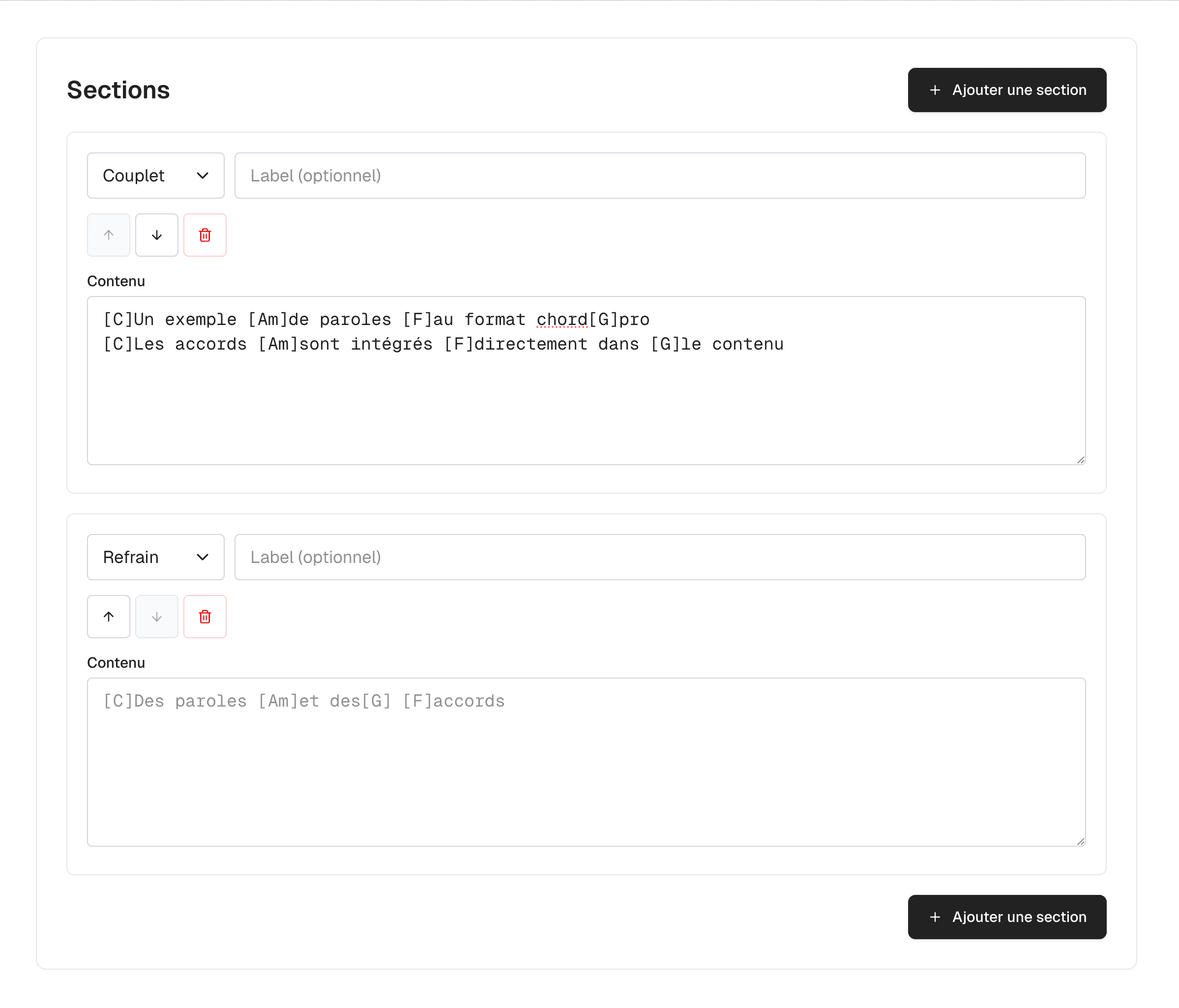 Édition et création de sections d'un chant