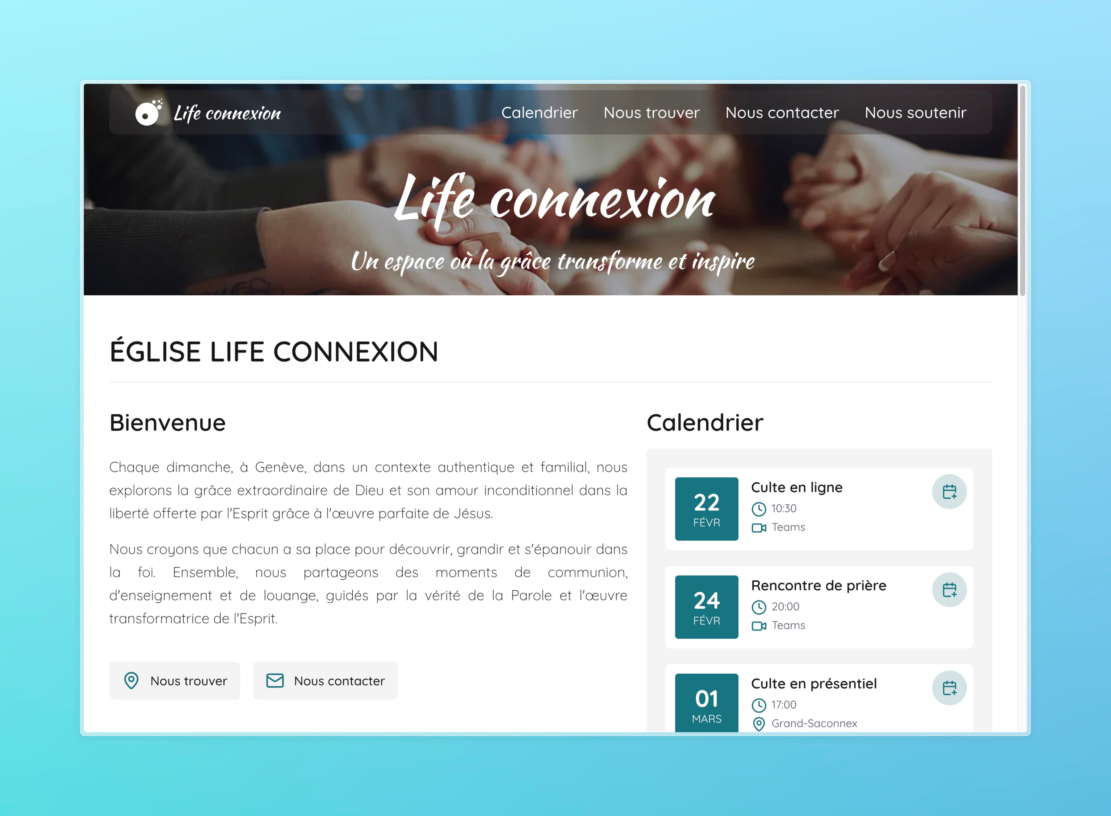Page d'accueil du site d'église Life Connexion avec sections de présentation et événements